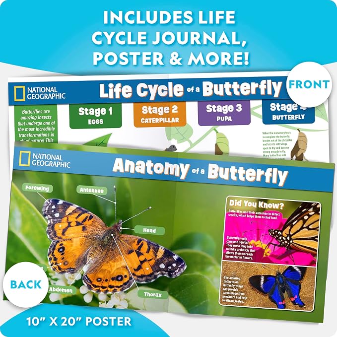 National Geographic Ultimate Butterfly Growing Habitat Kit for Kids | Voucher for 5 Caterpillars, Mesh Butterfly Habitat, Glow-in-the-Dark Figures, Metamorphosis Science, Outdoor Learning