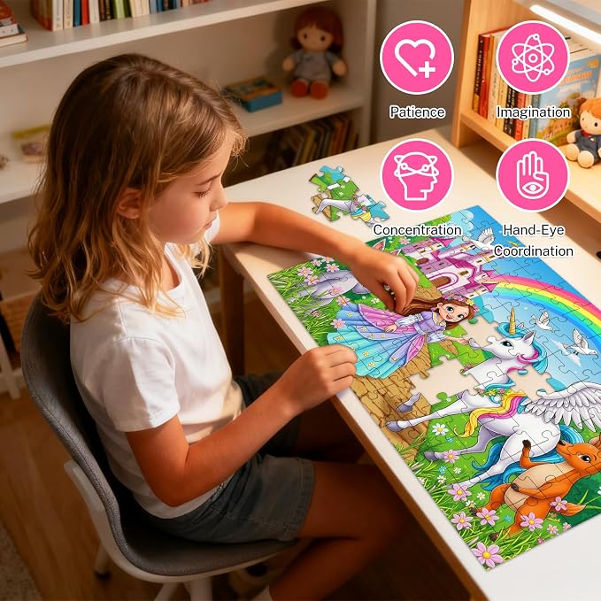 100 Piece Puzzles for Kids Ages 4-6 6-8 8-10, 4-Pack Princess Fairy Mermaid Unicorn Jigsaw Puzzles 100 Pieces Kids Puzzles Ages 3-5 4-6 5-8, Learning Toys Educational Gifts for Girls Boys 15x10 in