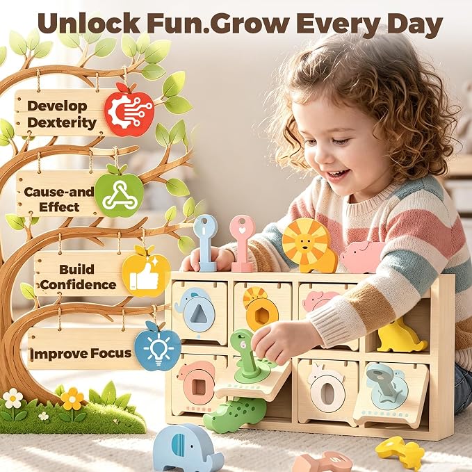 Montessori Toys for 2 Year Old|Wood Lock and Key Toddler Learning Toys | Fine Motor Skills|Shape Games Color Sorting|Preschool Animal Learning Sensory Toys|Birthday Gifts for 2-4 Girls and Boy
