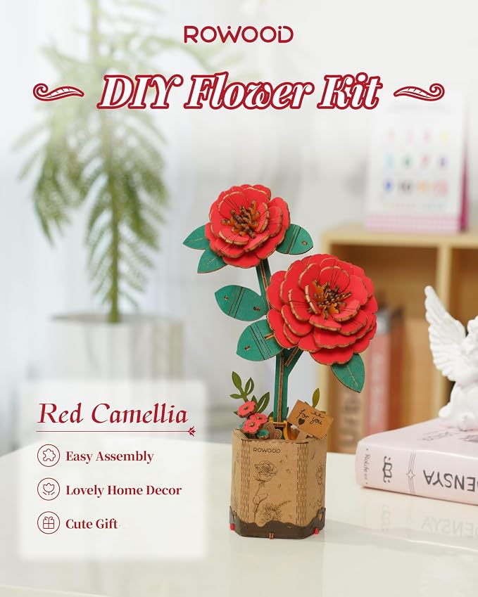 rowood 3D Puzzle,Mother's Day DIY Wooden Flower Craft Kit Building Set,Botanical Collection Home Decor, Valentine's Day/Teacher's Day/Christmas/Birthday Gift for Mom/Women/Grandma-Red Camellia