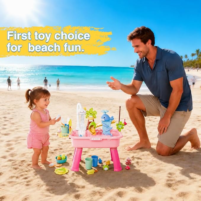 2026 Upgraded Water Table for Toddlers 1-3, Kids Mini Play Sink Toys with Running Water & Electric Pump, Kitchen Sink Sensory Toy, Fishing Game Outdoor Water Play Table for Kids Ages 4-8, Pink