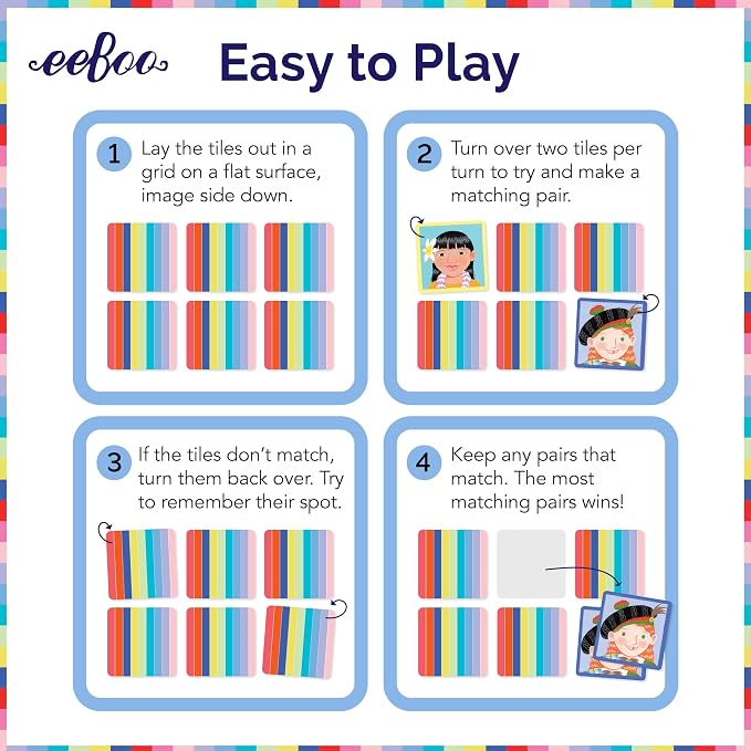 eeBoo I Never Forget a Face Memory & Matching Game, Ages 3+ for 1-4 Players | Game sharpens recognition, concentration & memory skills. Includes 48 tiles, 24 pairs. Engaging play for the whole family
