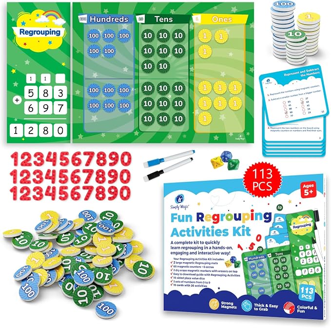113 PCS Fun Magnetic Regrouping Activities Kit, Place Value - Simply Magic | Place Value Magnets 1st 2nd 3rd 4th Grade, Magnetic Place Value Discs Chips, Magnetic Place Value Chart Mat for Math