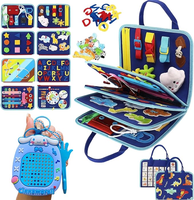 Montessori Busy Book for Toddlers, Educational Sensory Learning Toy for Boys & Girls, Interactive Preschool Activity Quiet Book, Travel Toy for Airplane & Car (Blue)