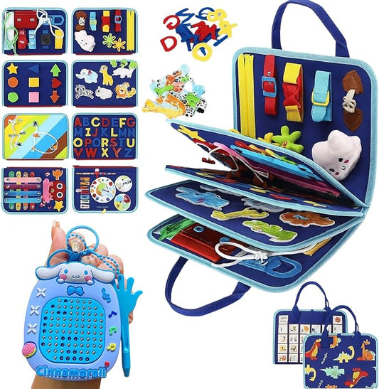 Montessori Busy Book for Toddlers, Educational Sensory Learning Toy for Boys & Girls, Interactive Preschool Activity Quiet Book, Travel Toy for Airplane & Car (Blue)
