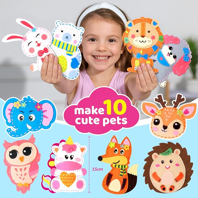 Sewing Kit for Kids, 10 Easy DIY Project of Stuffed Animal with Instruction | Funtopia Beginners Sewing Toys and Birthday Gift for Girls Boys, Felt Arts and Crafts for Kids Ages 5-8 8-12