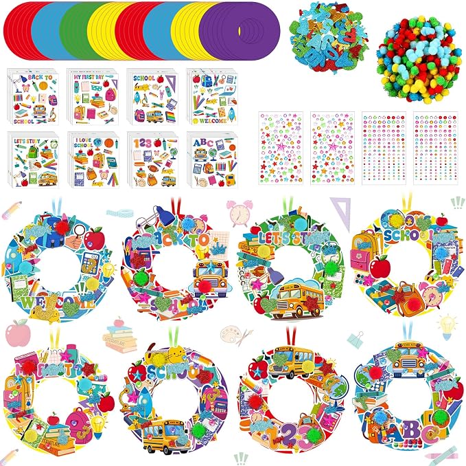 Hollowfly 48 Sets Back to School Crafts Kits, DIY Wreath with Stickers | School Themed Hanging Decor for Kids Classroom, Foam Stickers Included, First Day Party Favors Make Your Own Activities