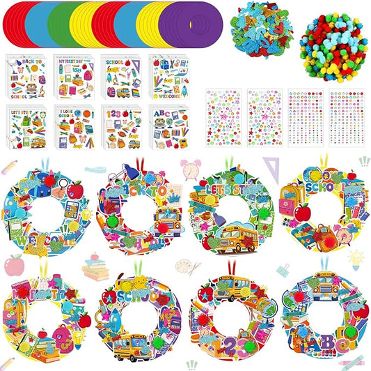 Hollowfly 48 Sets Back to School Crafts Kits, DIY Wreath with Stickers | School Themed Hanging Decor for Kids Classroom, Foam Stickers Included, First Day Party Favors Make Your Own Activities