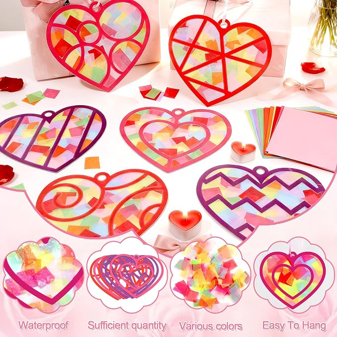 Qyeahkj 36 Set Valentine's Day Suncatchers Craft Kit DIY Heart Window Stained Glass Effect Paper Pink Love Window Tissue Paper Craft Home Decor Valentines Art Supplies Favor Gift