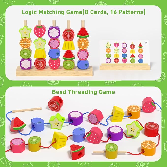 Melofaver Montessori Wooden Beads Stacking Toys, Shape Sorter for Ages 3-5 | Wooden Fruit Toddler Toys, Stacking Blocks & Lacing Beads & Shape Sorter, Preschool Learning Toys Gifts for Kids Boys Girls