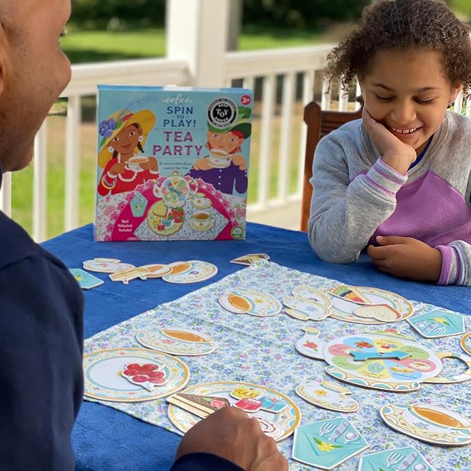 eeBoo Tea Party Spinner Game, Social Skills Game, Ages 3+, 2-4 Players | Develops patience & social skills through imaginative play. Includes spinner, food pieces & fabric tablecloth. 15-30 min game