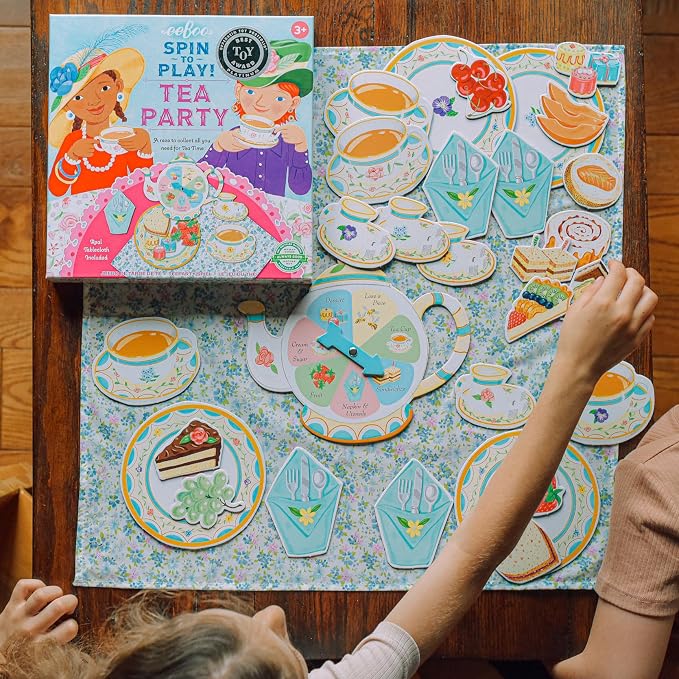 eeBoo Tea Party Spinner Game, Social Skills Game, Ages 3+, 2-4 Players | Develops patience & social skills through imaginative play. Includes spinner, food pieces & fabric tablecloth. 15-30 min game