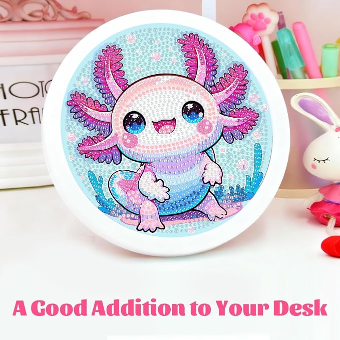 Gemozaic Axolotl Diamond Art Kits for Kids Ages 8-12, Round Frame, 8 x 8 in | Cute Animal Diamond Art for Kids 8 9 10 12 Year Old, Easy Kid Gem Painting, Amphibians Arts and Crafts for Girl Birthday Gift
