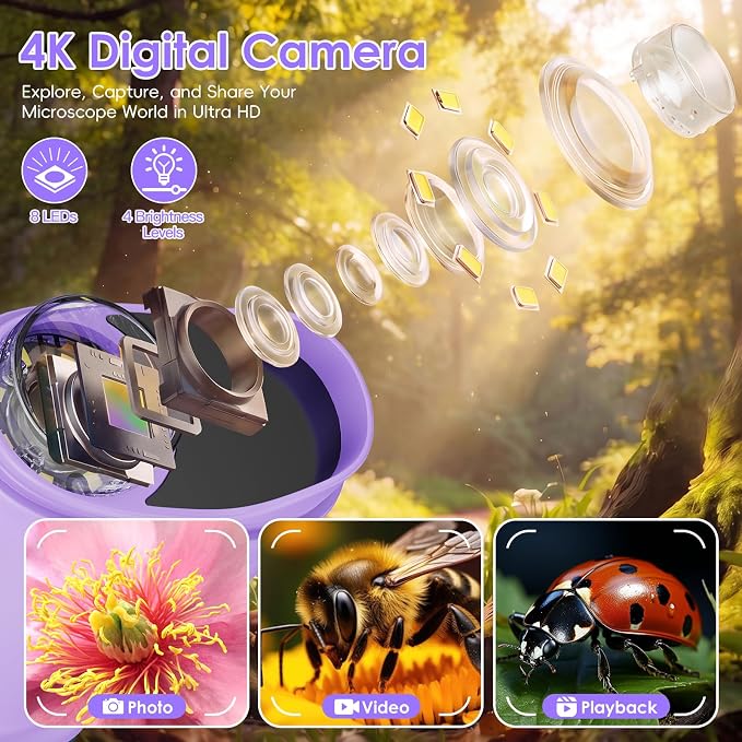 4K 1000X Handheld Digital Microscope for Kids with 2.0" IPS Screen(Purple) | 200-1000X Magnification, STEM Toys Birthday Gifts for Girls Boys Child, Science Kits for Kids Age 4-12