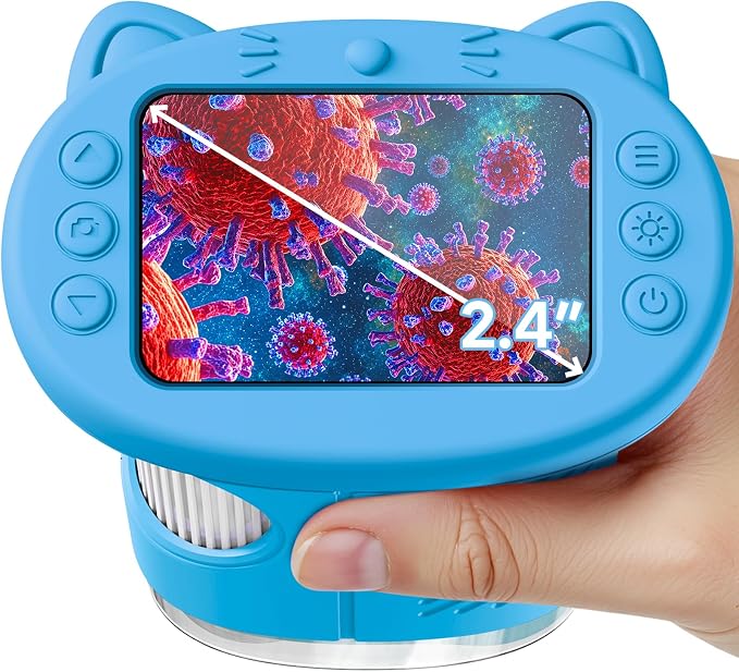 Microscope for Kids, 2.4 Inch Digital Microscope with 1000X Magnification, Handheld Camera Mini Pocket Magnifying Glass, Educational Birthday Gifts Toys for Ages 3+, Blue