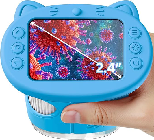 Microscope for Kids, 2.4 Inch Digital Microscope with 1000X Magnification, Handheld Camera Mini Pocket Magnifying Glass, Educational Birthday Gifts Toys for Ages 3+, Blue