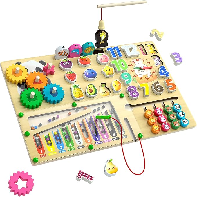 9-in-1 Montessori Busy Board Wooden Magnetic Maze Toy for 3+ Year Old Gift | Toddler Sensory Educational Activity Board Travel Toy with Felt Counting Blocks
