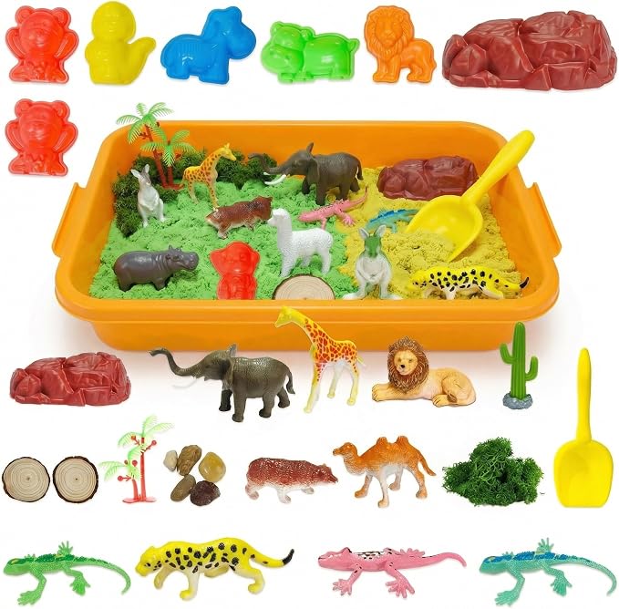 Carolart Jungle Sensory Bin, Animal Sandbox & Sensory Sand Kit | Safari animal habitat play set with wild animal toys, gift for boys and girls ages 3-8, sensory play activity
