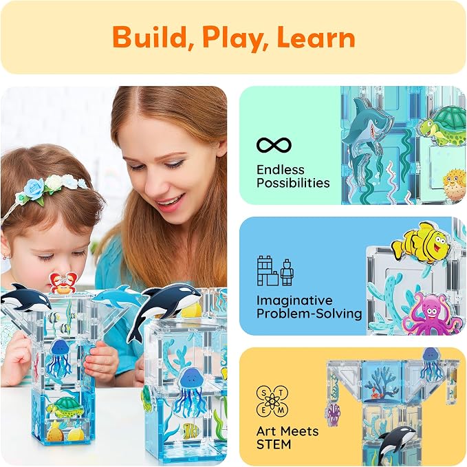 PicassoTiles 52 PCS Magnetic Tiles Ocean Animal STEM Set 8 Figures Ages 3+ | 44 blocks, 22 aquatic prints, BPA-free & non-toxic plastic, strong hold, roleplay, sensory discovery, motor skills