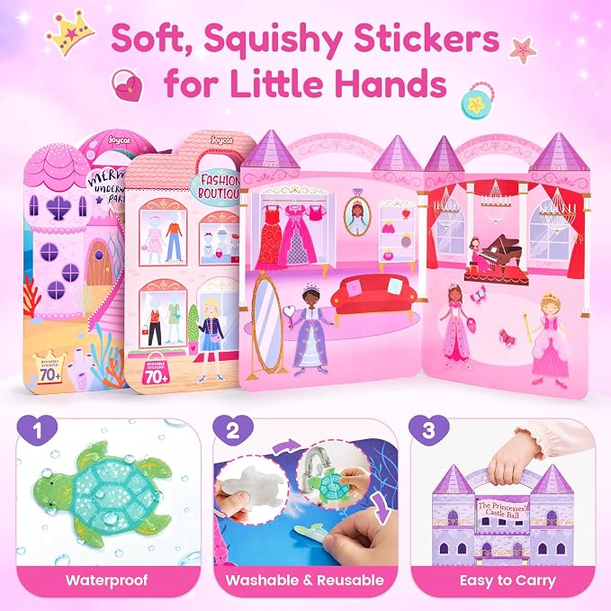 JoyCat Reusable Dress-Up Sticker Books, 3-Pack, Princess Mermaid Fashion | 200+ washable stickers, kids car activities, toddler creative play, preschool travel toy, birthday gift for 4 year old girls