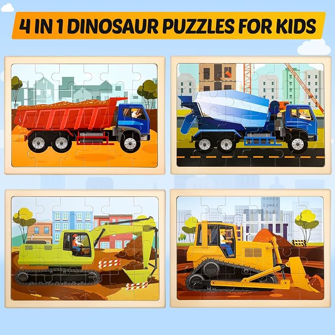 4-Pack Wooden Puzzles for Kids Ages 3-5, 24-Piece Construction Vehicle Set | Toddler Puzzles Ages 3-5, Preschool Puzzles with Wooden Jigsaw Boards for Fine Motor Skills, Shape Recognition and Travel
