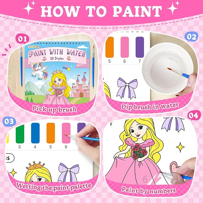 SOCOLER Paint with Water Coloring Books for Toddlers, Princess Theme Mess Free Watercolor Painting Papers for Kids Water Color Paint Kit Art Craft Birthday Gift for Ages 1-3, 4-8