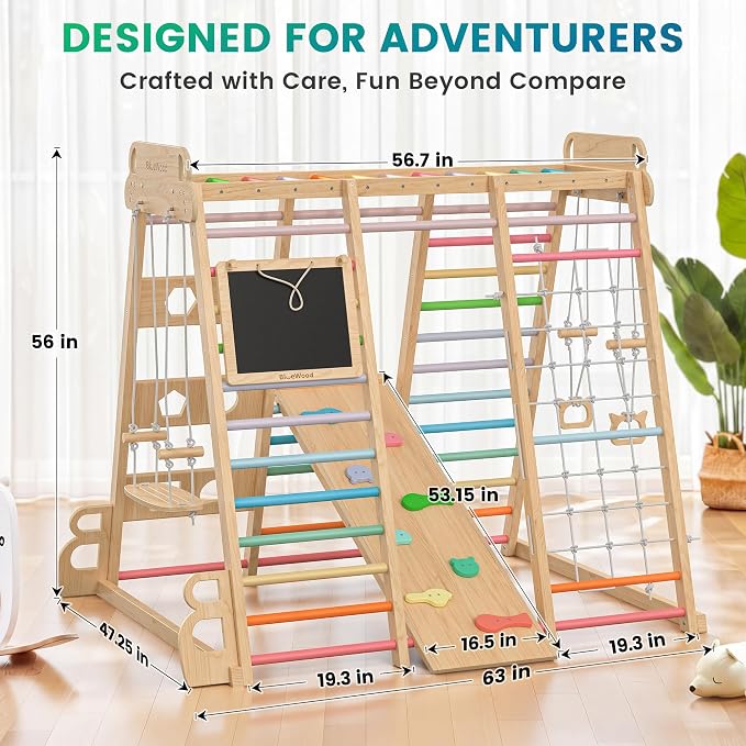 Upgraded Indoor Jungle Gym 14-in-1 Playground Kids Climbing Toys | Waldorf Style Wooden Climber Playset with Slide, Swing, Monkey Bars, Upright/Rope Ladder, Climb Net, Colorful