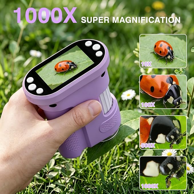 Kids Digital Microscope, 1000X Handheld Pocket Microscope STEM Science Toy | 2.0" IPS Screen, 8 LED Lights, Photo & Video Capture, Rechargeable Design, Educational STEM Gift for Kids Ages 3-12