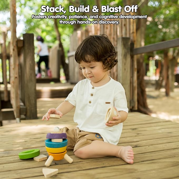 PlanToys® Wooden Stacking Rocket Toy for Toddlers, Montessori STEM Learning | wooden stacking rocket, montessori STEM learning, colorful rocket stacker, fine motor skill problem solving, preschool gift k
