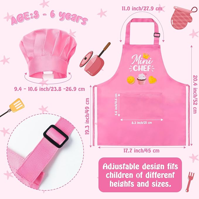 R HORSE 2 Pieces Kid Apron and Chef Hat Set, Children Role Play Chef Toy | Light Pink Adjustable Kitchen Apron for Girls, Ideal for Cooking, Baking, Painting, Training, Cooking Birthday Gift