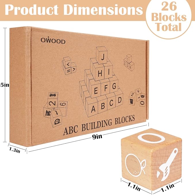 AXEARTE Alphabet Letters Stacking Blocks, 26 Wooden ABC Building Blocks for Toddlers, Number, Animals Icons on Every Side, Preschool Learning Educational Toys Montessori Sensory Toys for Kids（1.18in）