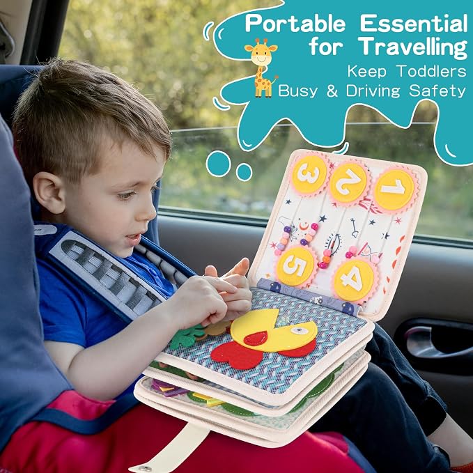 Montessori Busy Board for Toddlers, Soft Activity Book for Fine Motor Skills, Counting, Cognition, Sorting Matching, Travel Toys for Airplane Car, Gift for Girl Boy 2-4 Years Old (Lion)