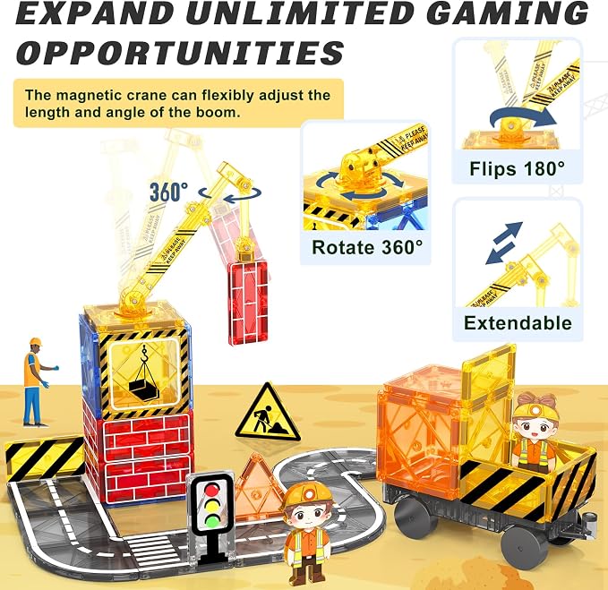Kids Games Magnetic Tiles Road Set with Extendable Crane Magnetic Blocks | City Construction Building Toys for Toddlers STEM Preschool Ages 4-6 5-7, Gifts for 3+ Year Old Boys Girls Kids Toys with Car