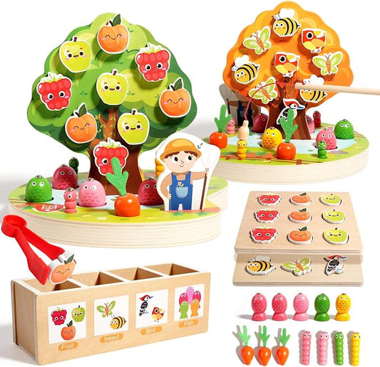 INIFEIDALA Montessori Toys for 3 4 5 Year Olds | Birthday Gifts for Kids | Wooden Educational Toddler Toys, Shape Sorting, Carrot Harvest & Magnetic Fishing Game – Fine Motor Skills Development