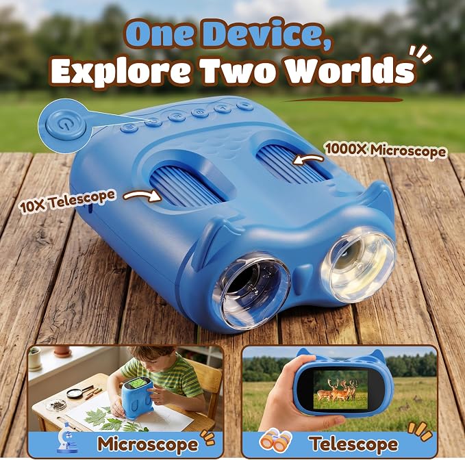 1000X Digital Microscope for Kid Handheld: 2-in-1 Telescope Portable STEM Toy - Birthday Gift for Boy Girl - Science Kits 10X Magnifying Glass for Age 3-8 8-12 USB Gadget Blue