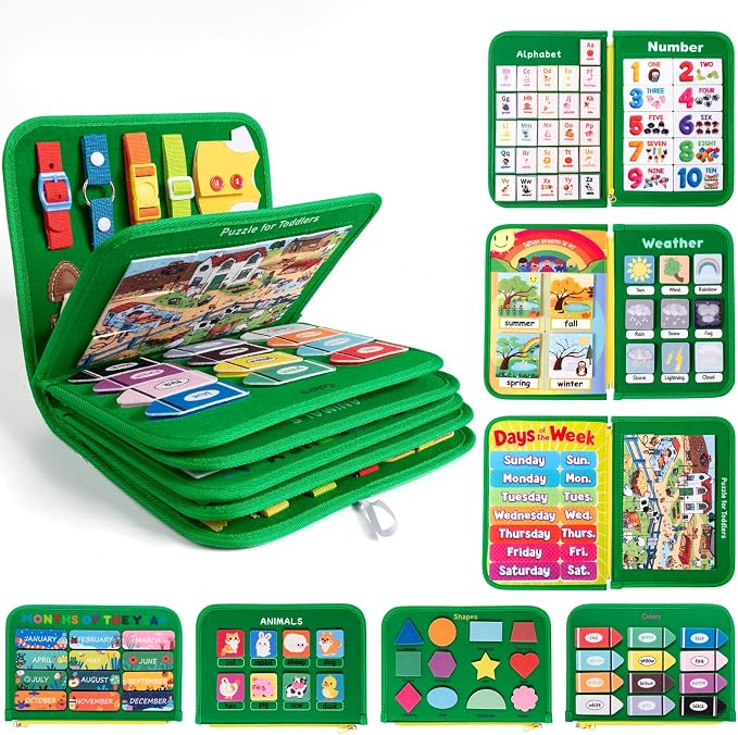 Toddler Busy Board Montessori Toys for Kids, Educational Learning Busy Book | 24 in 1 Toddlers Sensory Motor Skills Activity ,12-Page Quiet Travel Toy for Car Airplane, Boy Girl Birthday Gifts (Dinosaur)