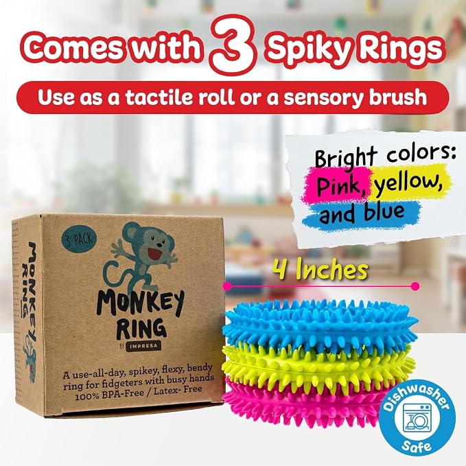 IMPRESA Fidget Toys Spiky Sensory Rings - 3-Pack, 2-Inch Inner / 4-Inch Outer - Sensory Toys & Classroom Prizes, Fidget Bracelet for Kids & Adults