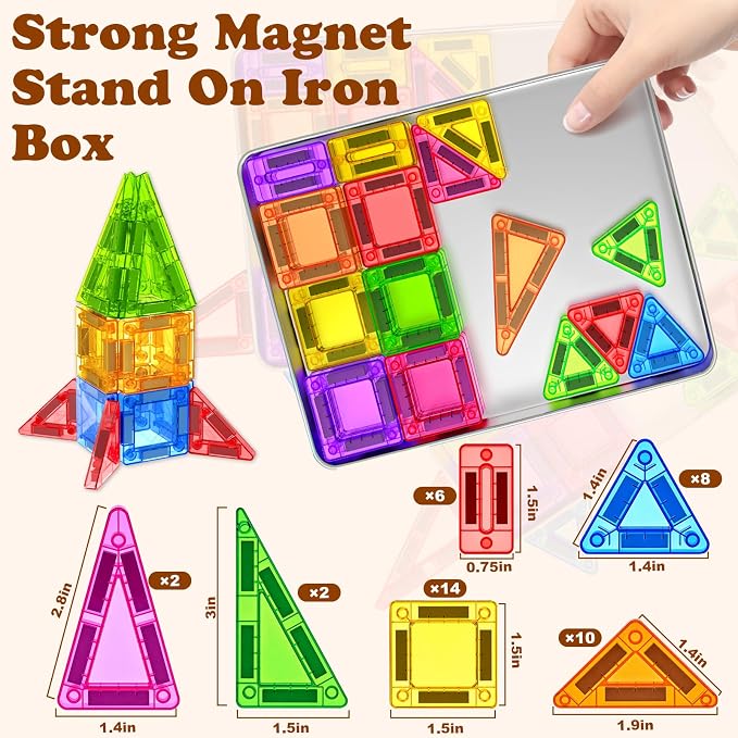 Mini Magnetic Tiles Travel Set Magnetic Tiles with Iron Box 42PCS | Magnet Building Blocks Travel Toys for Kids Ages 3+,Portable Magnet Toys Gifts for Toddlers Boys Girls Christmas Birthday