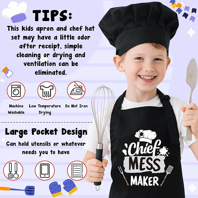 R HORSE 2 Pieces Kid Apron and Chef Hat Set, Dress up Pretend Play Toy | Black Chief Mess Maker Adjustable Children Kitchen Apron Set, Ideal for Cooking, Baking, Painting, Cooking Birthday Gift