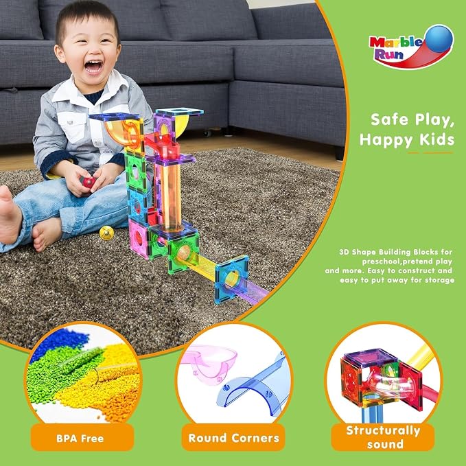 PicassoTiles Magnetic Tiles Marble Run Building Blocks Rainbow Color with Slide Drop Funnels Tubes STEM Educational Toy Set Compatible Durable Construction Kit for Kids Age 3+ Preschool Learning PTG40