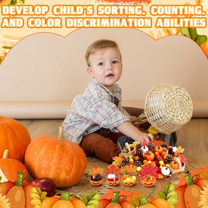 WinnerWhy 320 Pcs Fine Motor Toys Fall Thanksgiving Decorations, Sensory Bin Filler, Pumpkin Bowls, Woven Baskets, Pompom, Maple Leaves, Squirrels, Pumpkins, Acorns, Pine Cones for Autumn Party Decor