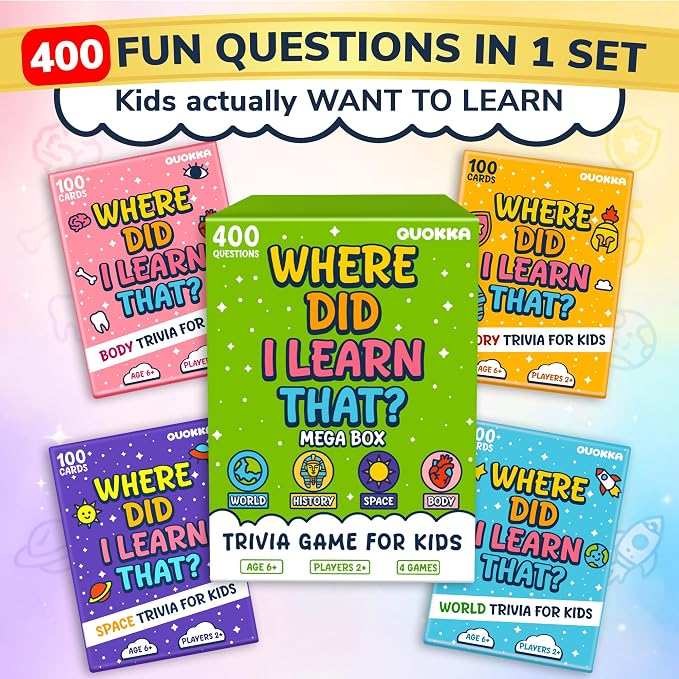 QUOKKA Trivia Games for Kids – 4SET World, Space, History & Human Body – Fun Card Game for Family Game Night – Educational Trivia Cards for Kids, Family and Adults – Travel Games for Boys & Girls 4-8