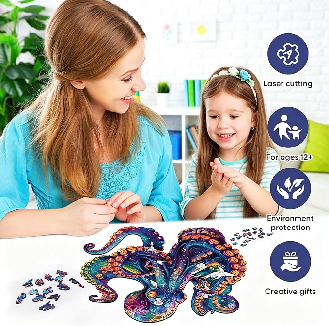 Qiuenisray Wooden Puzzles for Adults, Octopus Ocean Jigsaw Puzzle 200 Piece | Cool Wood Puzzle Wall Decor, FSC Certified Unique Animal Adult Puzzles Piece, Creative Gift for Family Game 11.2x11.2 in