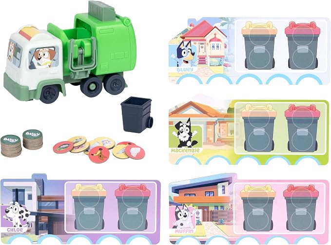 Bluey Rubbish Run Game - Family Board Game, Ages 4 Toys | Preschool board games with spinning barrel, dump lever, and surprise truck spill action