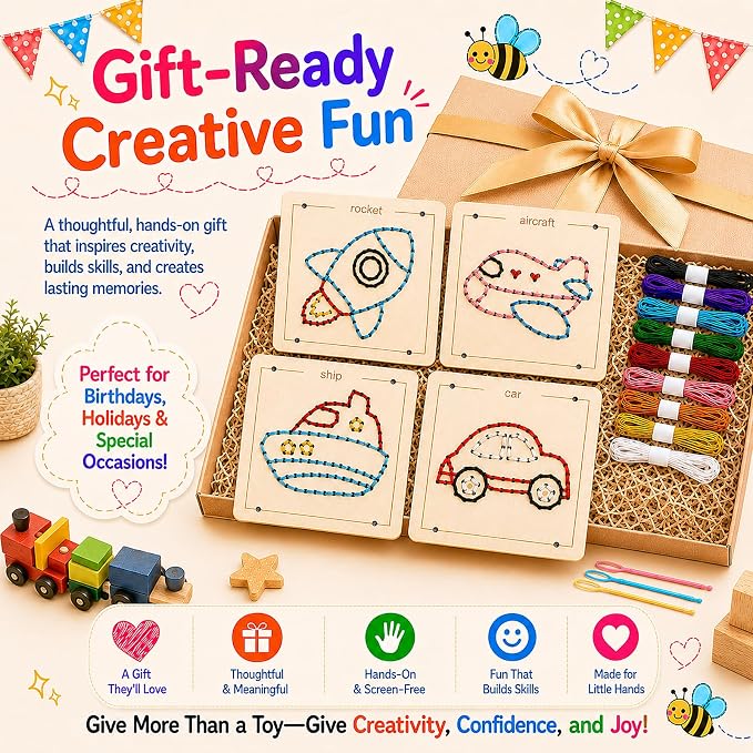 Montessori Wooden Lacing Toys for Toddlers and Kids Ages 2-4 5-7, Sewing Kit Fine Motor Skill Busy Board, Education Sensory Preschool Toy for 1 2 3 4 Year Olds, Birthday Gift for Boys and Girls