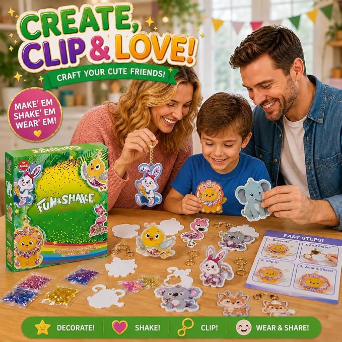 DIY Glitter Craft Kit with Keychains - Mess-Free Arts and Crafts for Kids Ages 4-8, Fun Shake-It Activity, Creative Travel Toys, Party Favors & Birthday Gifts for Girls 4-9