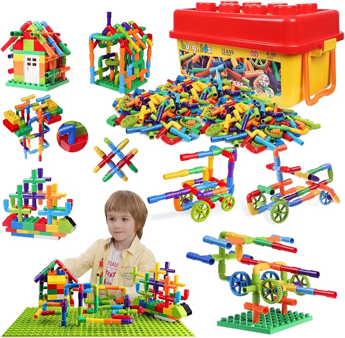 burgkidz 426 Pieces Toy Pipe, Creative STEM Tube Locks Construction with Wheels and Mini Baseplate, Interlocking Educational Sensory Kit, Preschool Learning Toys for Boy and Girls Ages 3+ | 426 pcs: cars, planes, houses & more. 396 tubes, 24 wheels, 6 ...