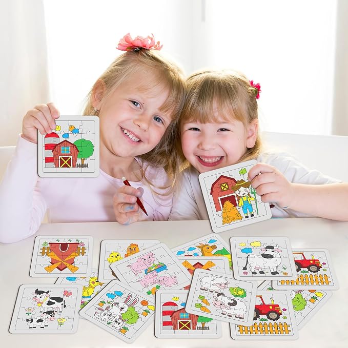 Cinrobiye 24 Pcs Farm Animal Coloring Jigsaw Craft Kit for Kids, DIY Barnyard Activity Set Bulk with 12 Designs, Tractor Birthday Party Favors, Classroom Art Projects