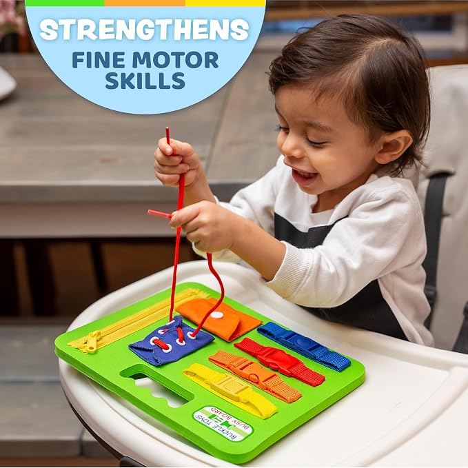 Buckle Toys, Busy Board, Green, Montessori Learning Toy for Toddlers | Great for kids as an Airplane Activity or on The Go, Foam Sensory Board, Develop Fine Motor Skills
