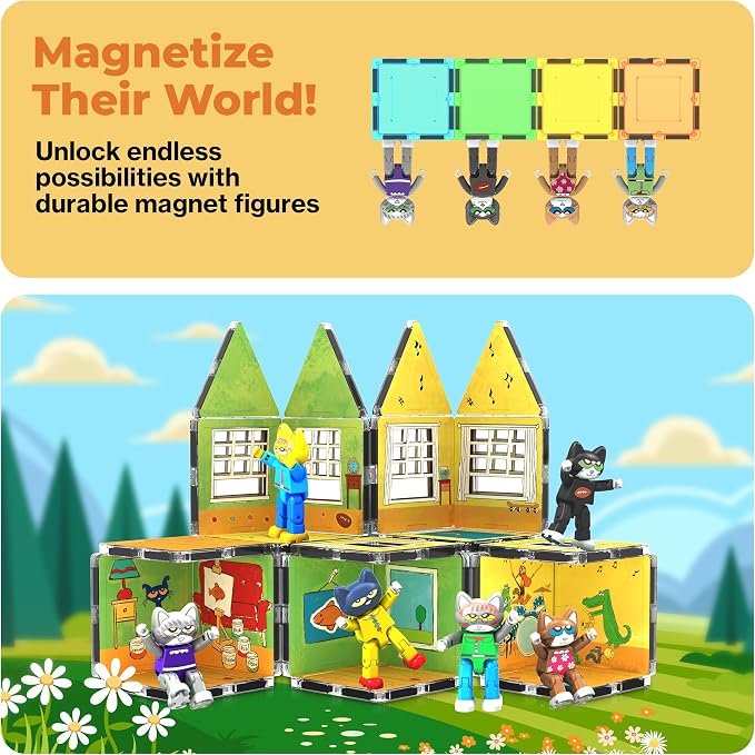 PicassoTiles 6pcs Pete the Cat Magnetic Figures Family Animal Action Character Toddler Toys Magnet Expansion Pack Building Blocks Add-on Educational STEM Learning Kit Construction Brain Tiles PTC01